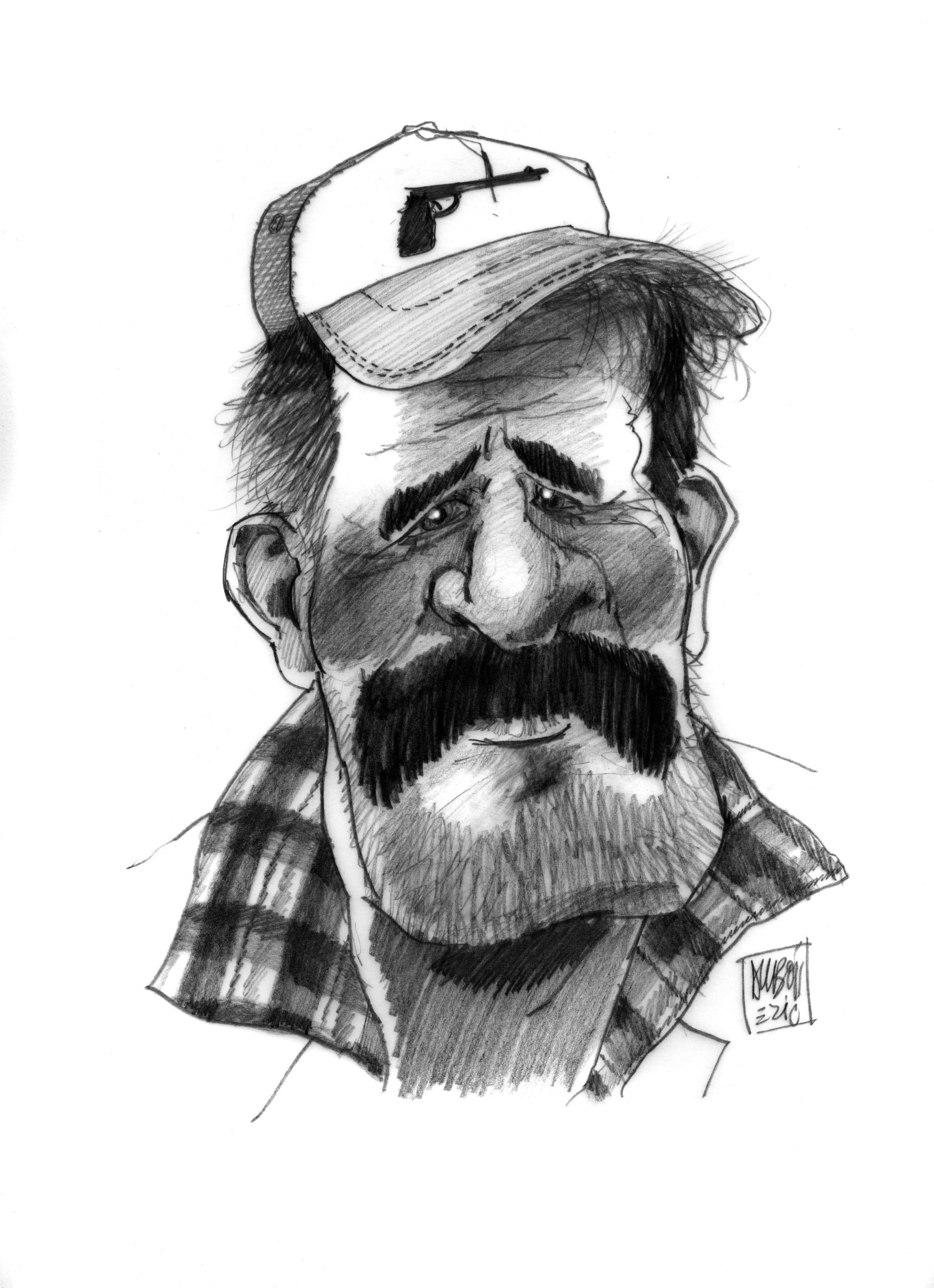 Pencil cartoon sketch of Brick McCracken, with a baseball cap and a large moustache.
