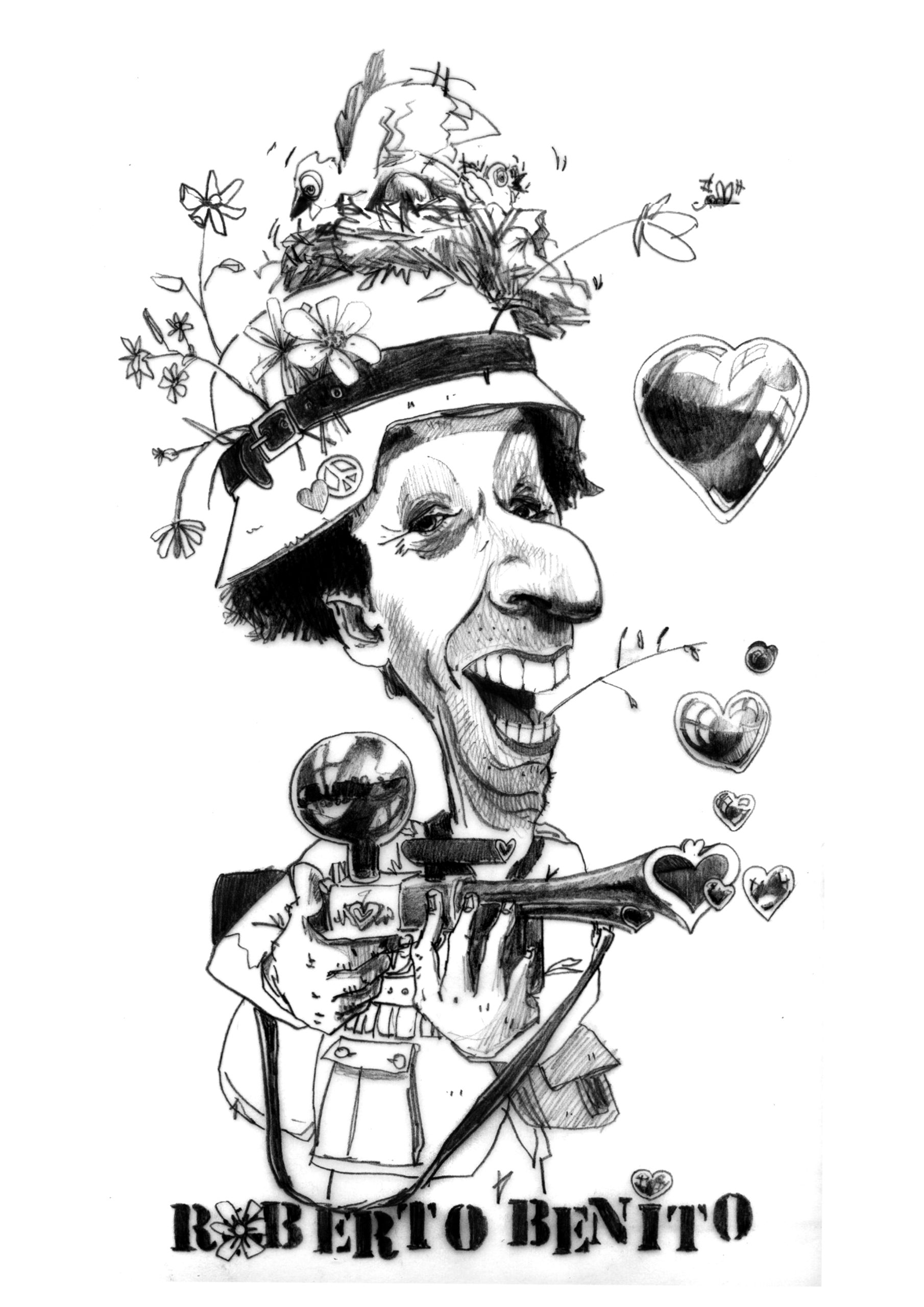 Pencil sketch of Roberto Benito - smiling face, gun with a heart-shaped barrel, shooting out love hearts, helmet camouflaged with flowers