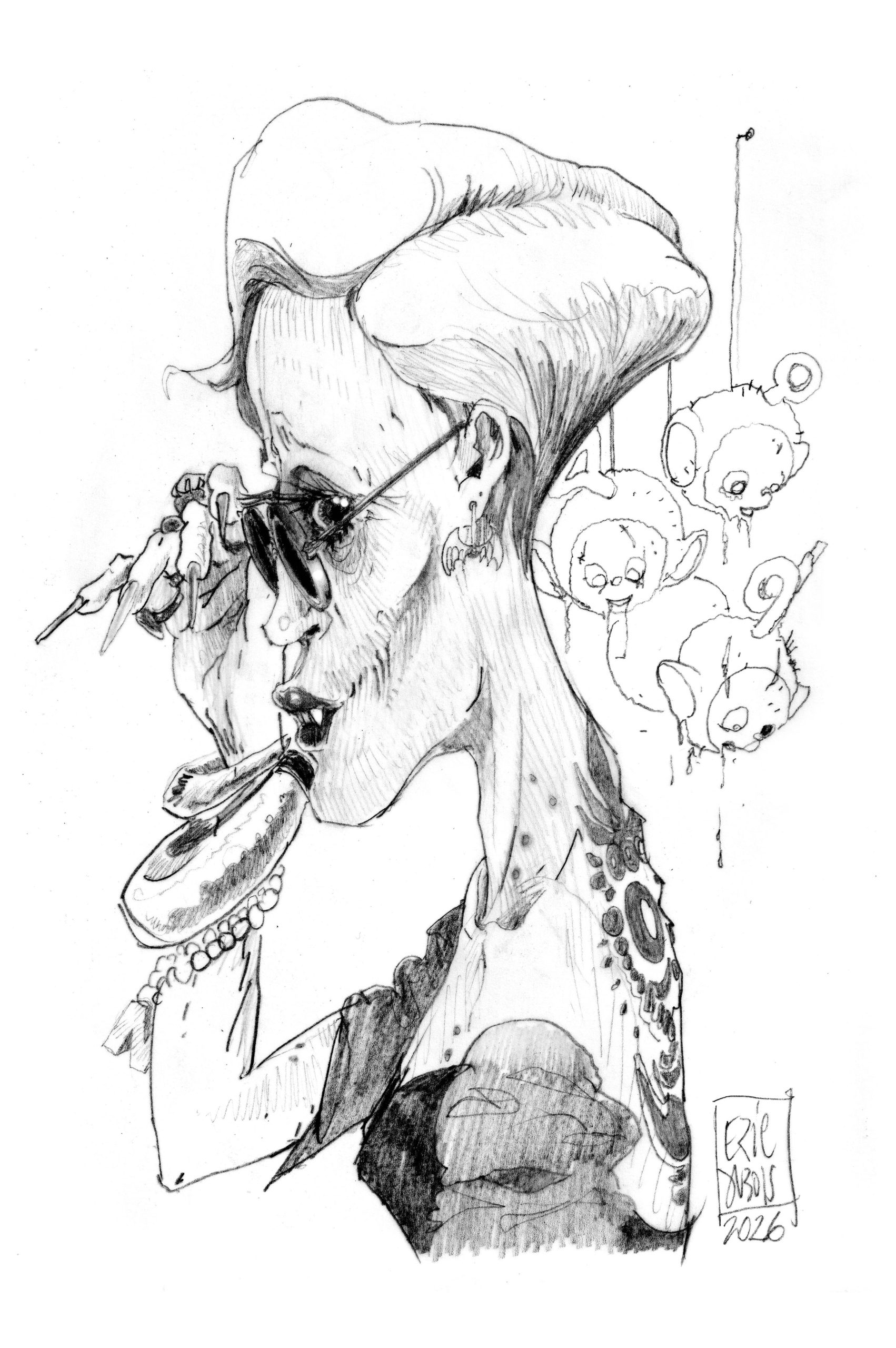 Pencil sketch side profile of a woman with shades, tall poised, the telletubies floating in the background, tattoes, bangles, cropped hair, arched back. She holds her shades