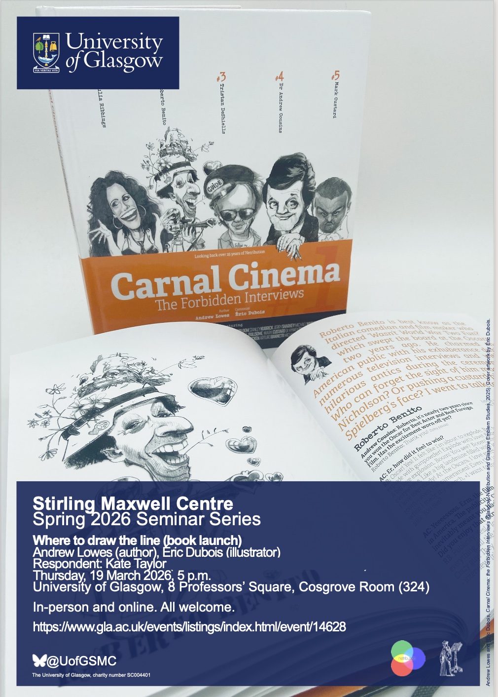 Carnal Cinema poster with the book in the background and details of the event in the foreground, including the text on the right.