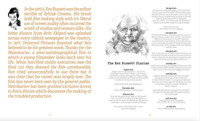 Double page spread 'The Ken Russett Diaries'. "In the 1970's, Ken Russett was the enfant terrible of British Cinema. His brash bold film making style with it's liberal use of screen nudity often incurred the wrath of studios and censors alike."