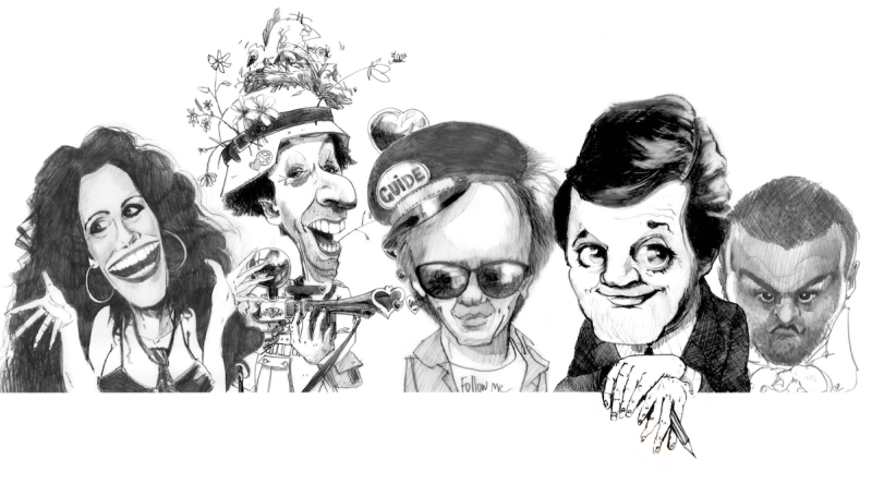 Five pencil drawn caricature cartoons - one with a pencil in his hands which hang over the text block below - this is Dr Andrew Cousins.